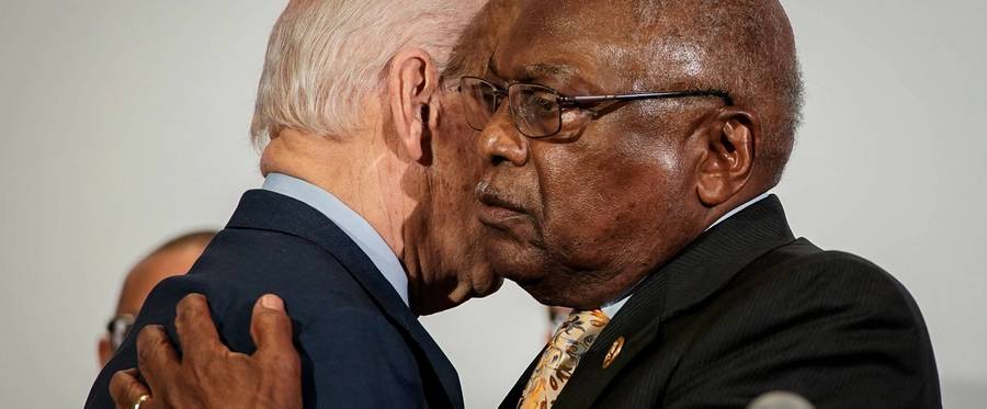 Democratic presidential candidate former Vice President Joe Biden and House Majority Whip Rep. James Clyburn, D-S.C., embrace as Clyburn announces his endorsement for Biden at Trident Technical College on Feb. 26, 2020, in North Charleston, South Carolina