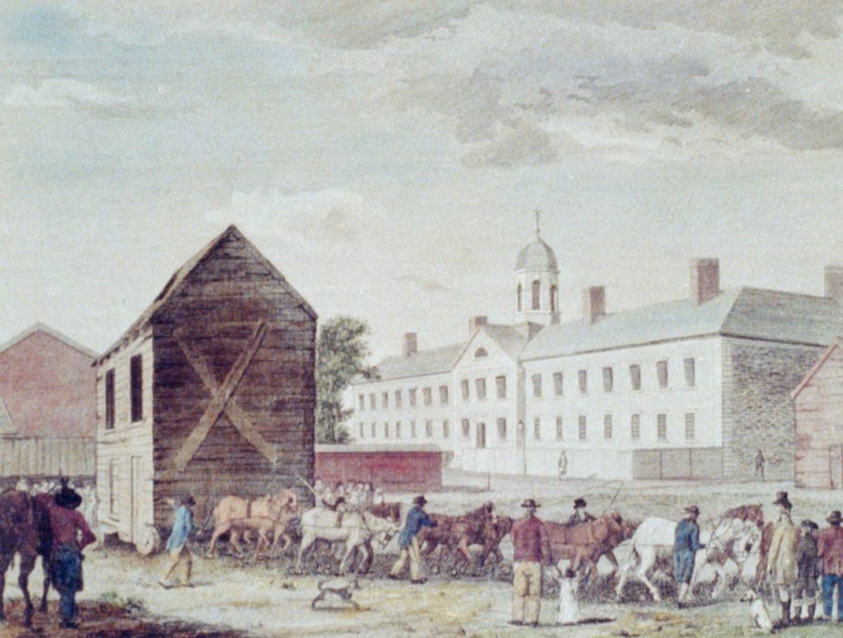 Print showing a 10-horse team moving wooden building mounted on wheels. The two-story structure being moved was a former blacksmith shop that was purchased by the Rev. Richard Allen, who moved it to Sixth and Lombard Streets, where it became the first home of the Bethel African Methodist Church, 1800