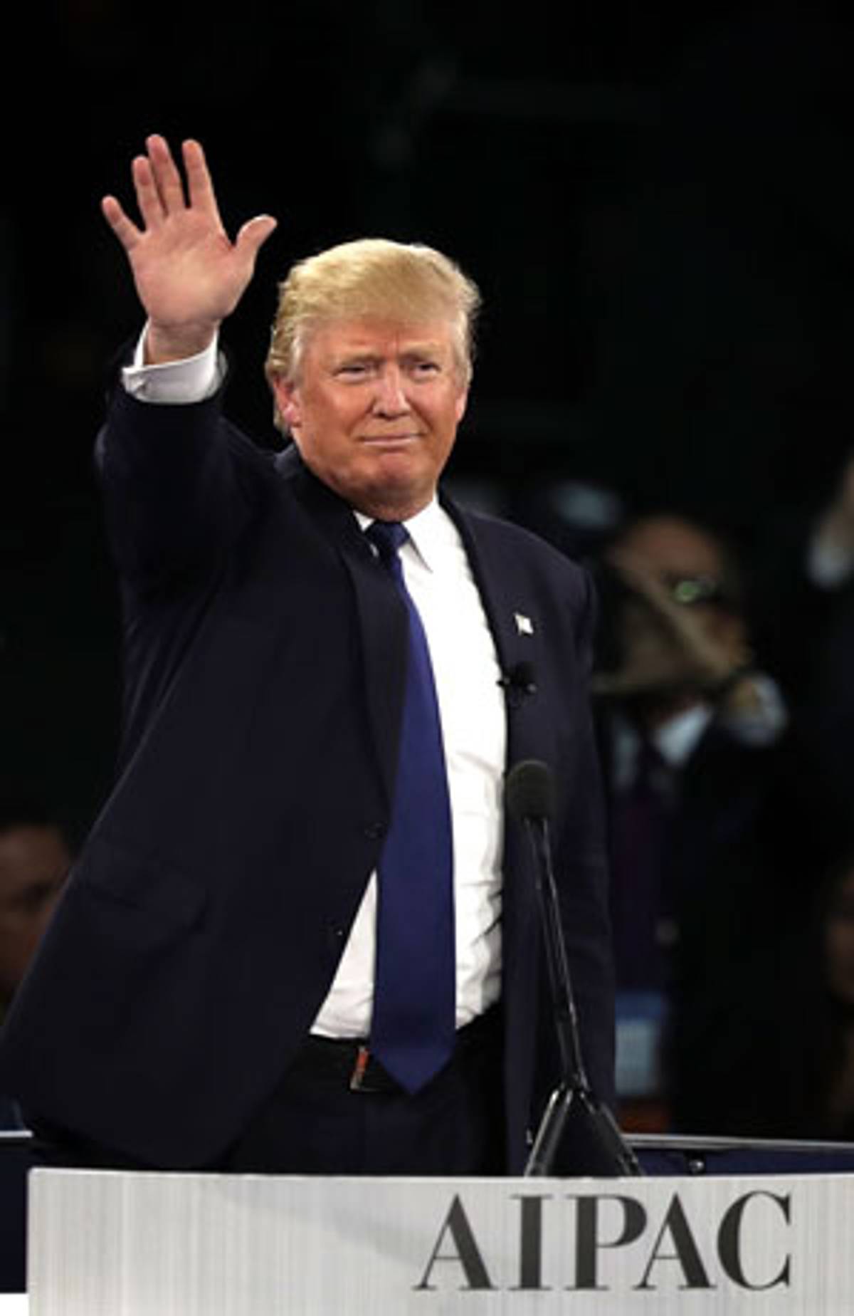 Donald Trump waves after his address to AIPAC on March 21, 2016 in Washington, DC.