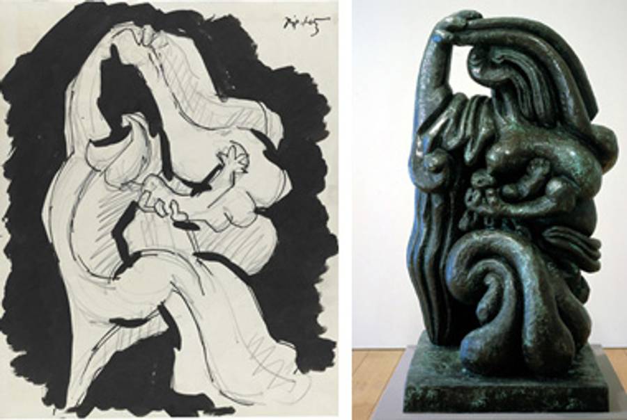 Left: Mother and Child, 1947 pencil, Indian ink and wash on paper.Right: Mother and Child, 1949 bronze.(Sculptures © Estate of Jacques Lipchitz, courtesy Marlborough Gallery, New York. Drawings courtesy Ben Uri Gallery, London.)