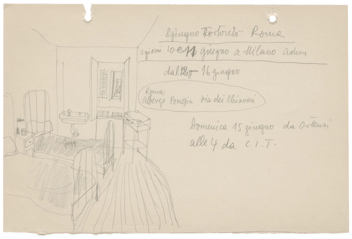 Pencil sketch of hotel room with itinerary and notes, 1941