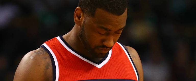 John Wall #2 of the Washington Wizards after losing Game Two of the Eastern Conference Semifinals against the Boston Celtics at TD Garden, May 2, 2017.