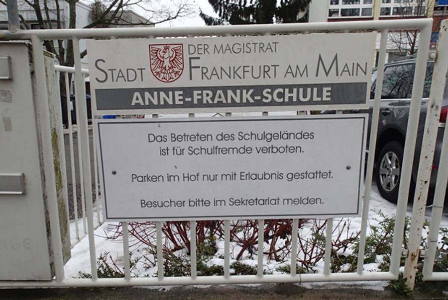 Sign outside Frankfurt's Anne Frank School.(Inspire Academies)