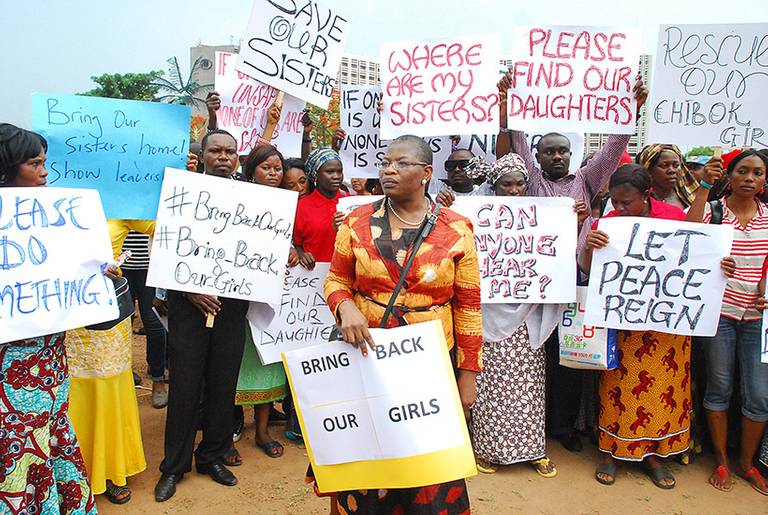 Former Nigerian education minister and vice president of the World Bank's Africa division (C) Obiageli Ezekwesili Eze leads a march of Nigerian women and mothers of the kidnapped girls of Chibok, calling for their freedom, in Abuja on April 30, 2014.(Philip Ojisua/AFP/Getty Images)