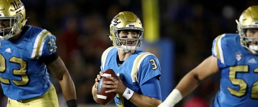 Josh Rosen #3 drops back to pass during the first half of a game against the Arizona Wildcats at the Rose Bowl in Pasadena, California, October 1, 2016. 
