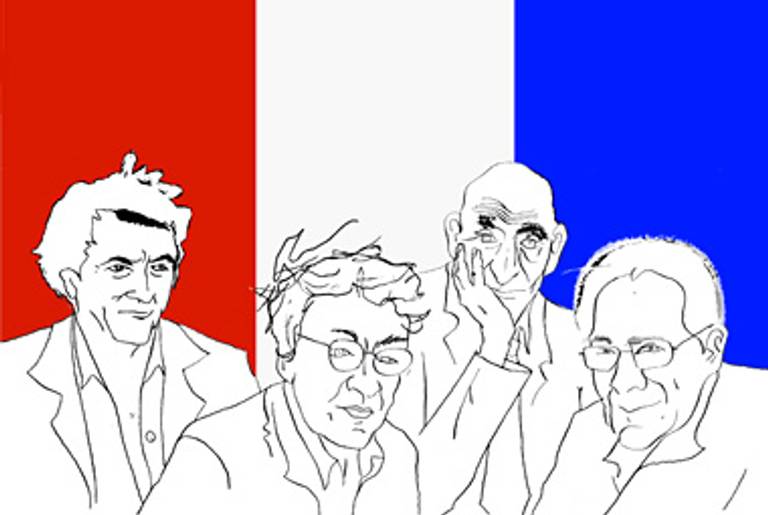 Bernard-Henri Lévy, Alain Finkielkraut, Raymond Aron, and Alain Badiou.(Liana Finck)