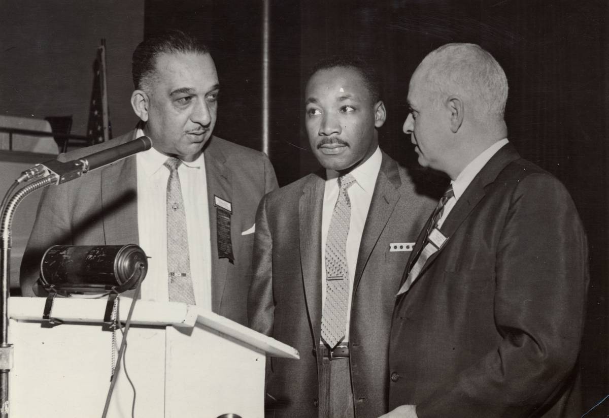 Russell Lasley, at left, with Martin Luther King Jr. and Ralph Helstein, president of the United Packinghouse Workers of America