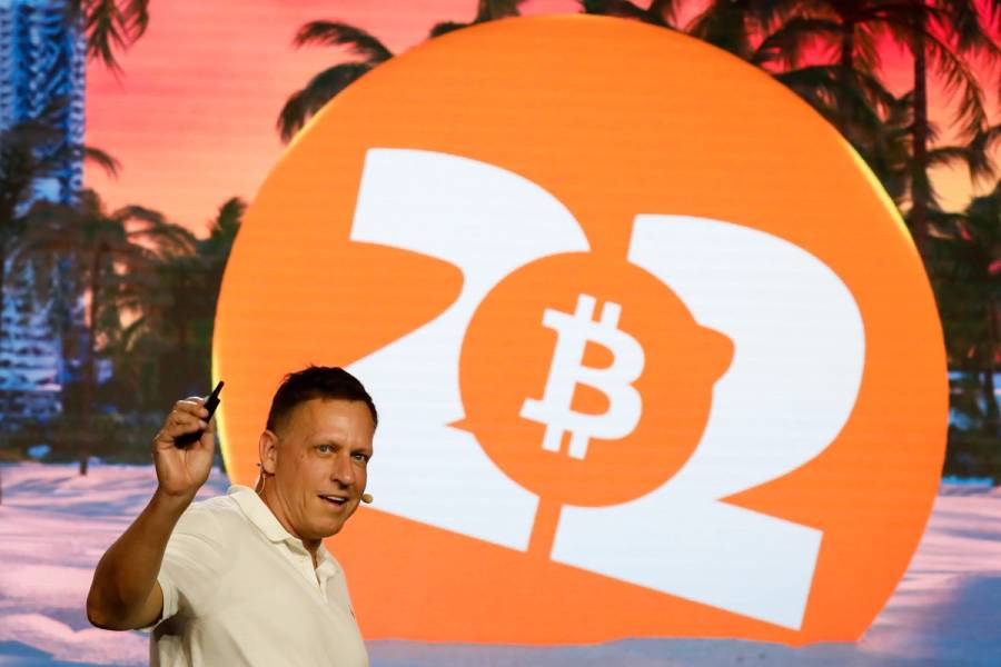 Peter Thiel arrives to speak at the Bitcoin Conference in Miami on April 7, 2022