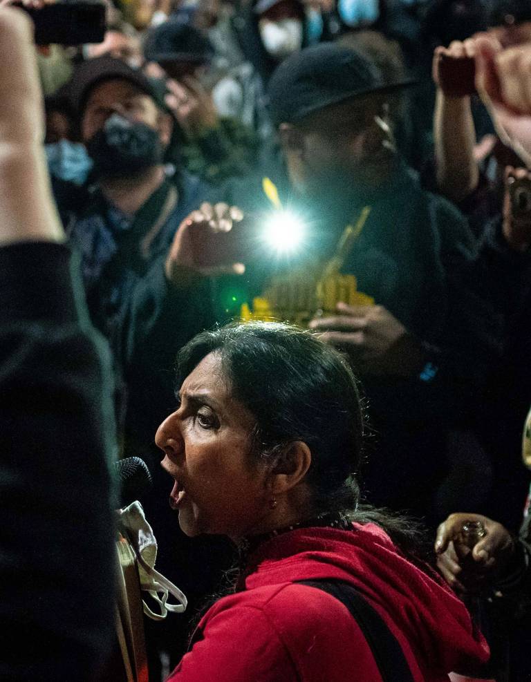 Kshama Sawant speaks as demonstrators hold a rally outside of the Seattle Police Department’s East Precinct, on June 8, 2020