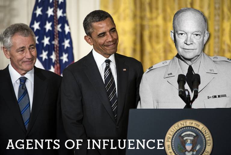 Chuck Hagel, Barack Obama, and Dwight Eisenhower.(Collage Tablet Magazine; original photos Brendan Smialowski/AFP/Getty Images and AFP/Getty Images.)
