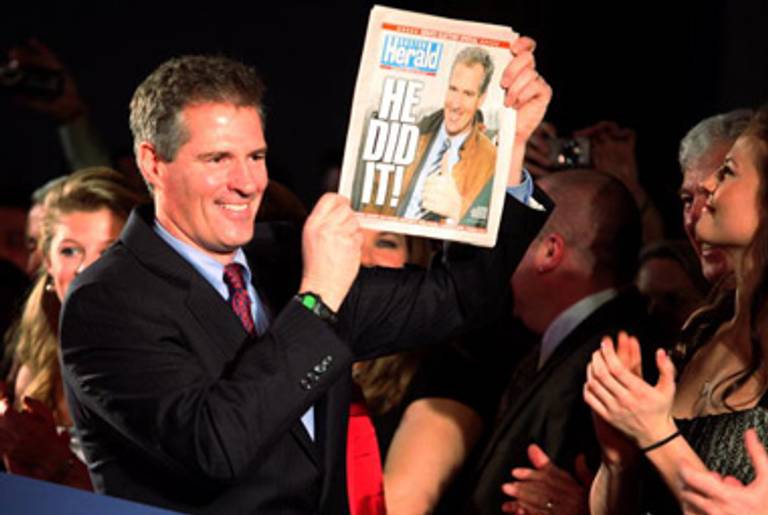 Senator-elect Scott Brown celebrating last night.(Robert Spencer/Getty Images)
