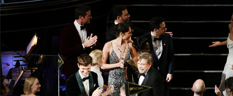 Host Jimmy Kimmel, actors Gal Gadot, Lupita Nyong'o, Emily Blunt, Mark Hamill, and Ansel Elgort, director Guillermo del Toro, and TV personality Guillermo Rodriguez speak onstage during the 90th Annual Academy Awards at the Dolby Theatre at Hollywood & Highland Center on March 4, 2018 in Hollywood, California.