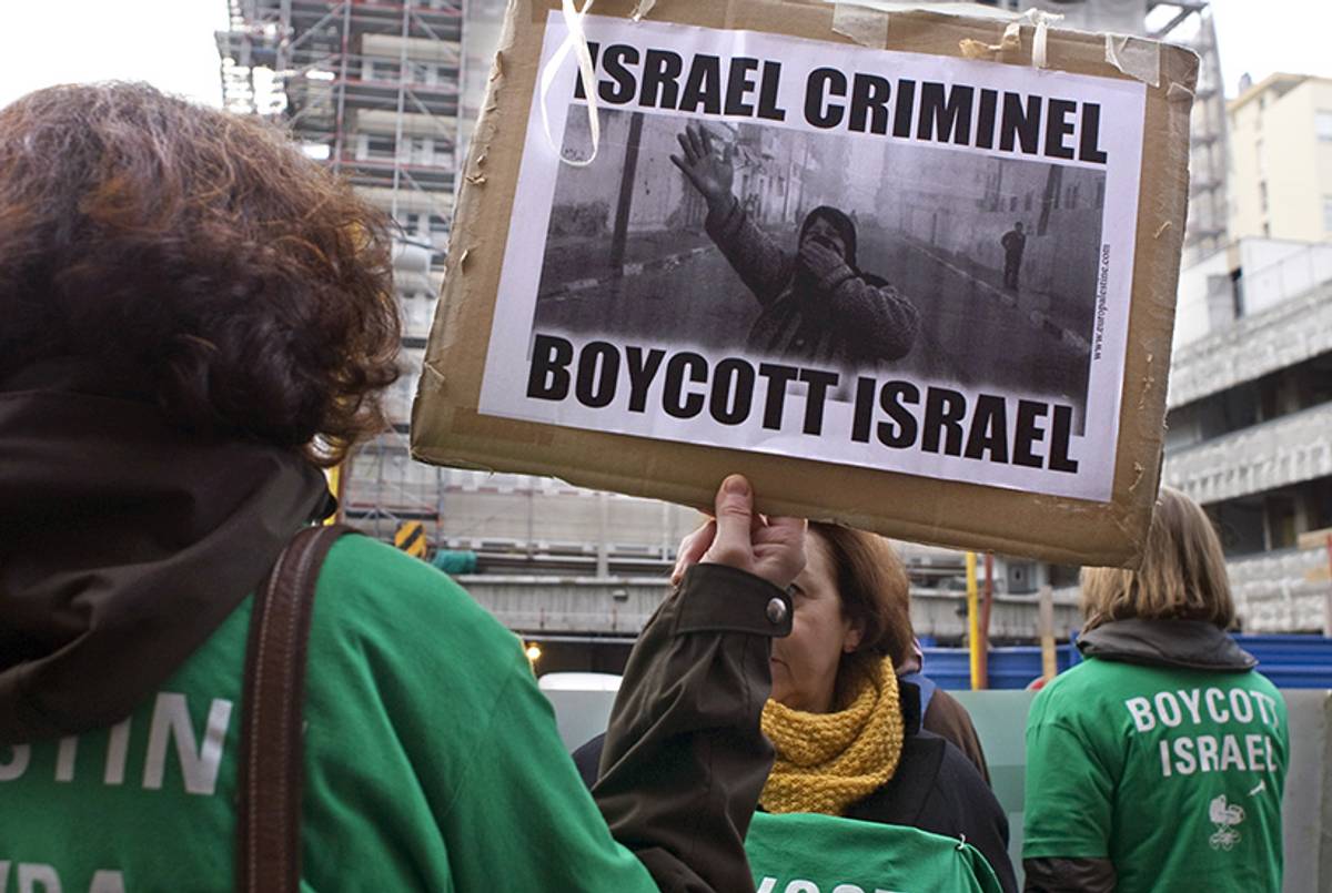 A demonstration on Nov. 17, 2011, in support of 12 pro-Palestinian activists charged with "inciting discrimination, hate, or violence" following their participation in actions promoting the boycott of Israeli products in front of the Mulhouse Court of Justice in eastern France.(Sebastien Bozon/AFP/Getty Images)