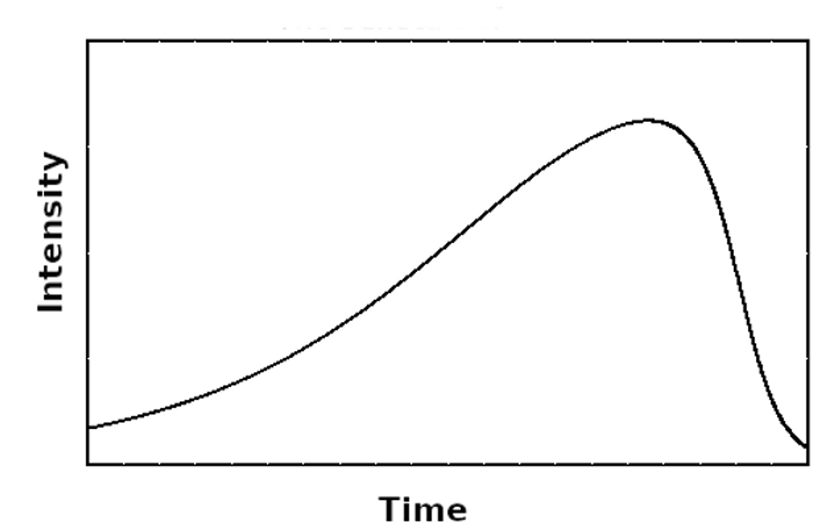 Figure 1: The Seneca curve, from Bardi's ‘The Seneca Effect’ (2017). The intensity of something as a function of time (going left to right). For intensity, imagine it is the value of a financial stock. It grows slowly, then it declines rapidly when the company generating it goes bankrupt.