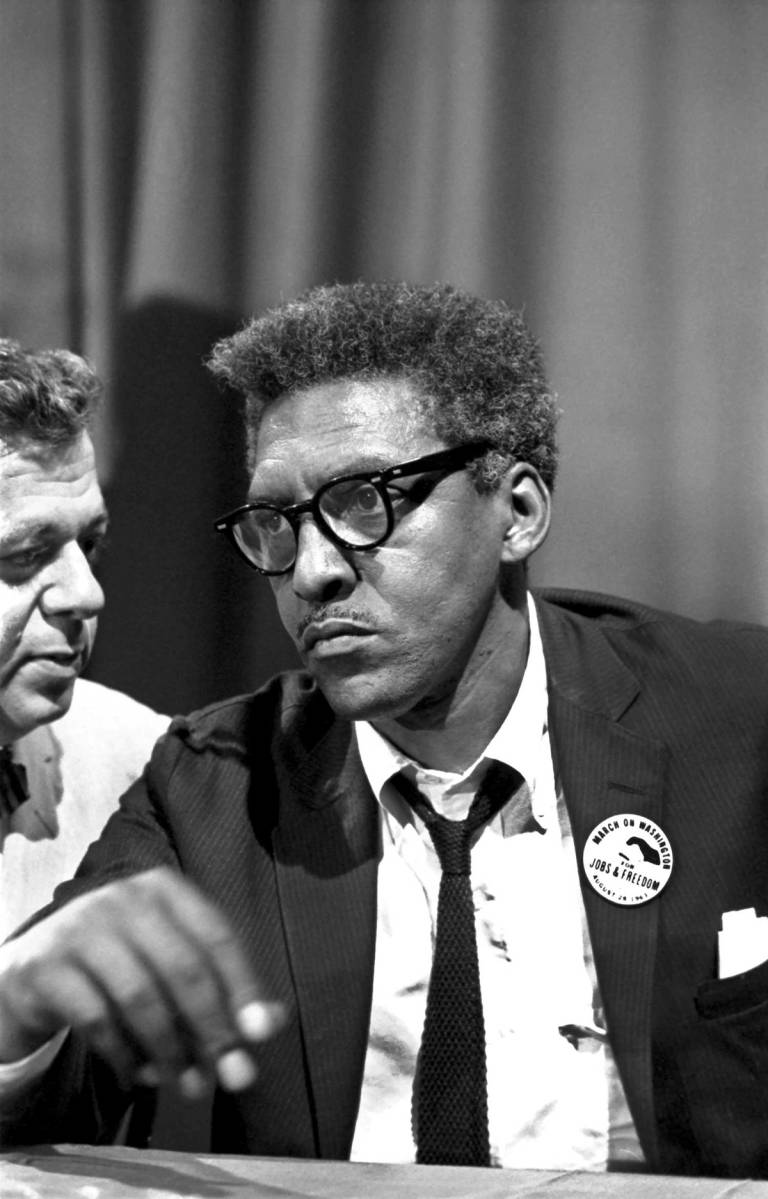Bayard Rustin at a news briefing for the Civil Rights March on Washington, 1963