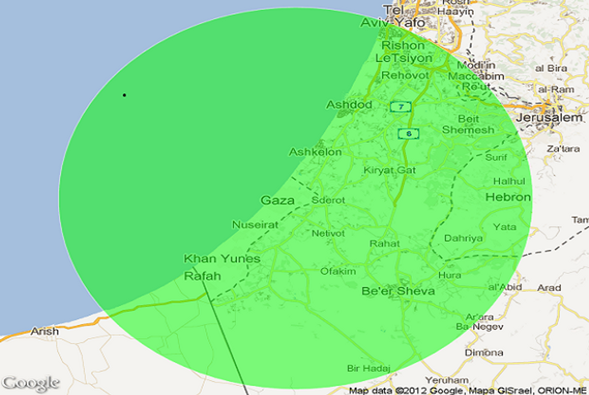 Map of Missile Range from Gaza(Google Maps)