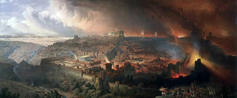 'The Siege and Destruction of Jerusalem by the Romans Under the Command of Titus, A.D. 70' painting by David Roberts, 1850. 