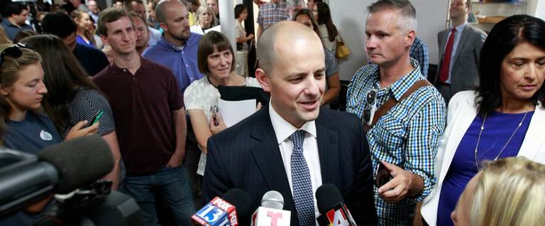 Evan McMullin talks to the press after announcing his presidential campaign as an Independent candidate  in Salt Lake City, Utah, August 10, 2016. 