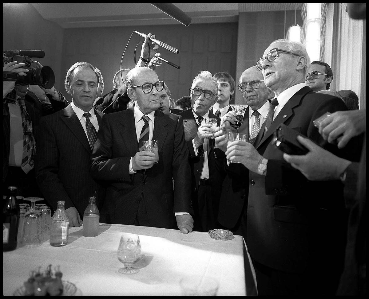 Communist Party Chairman Erich Honecker, right, hosting European Jewish leaders in East Berlin, November 1988