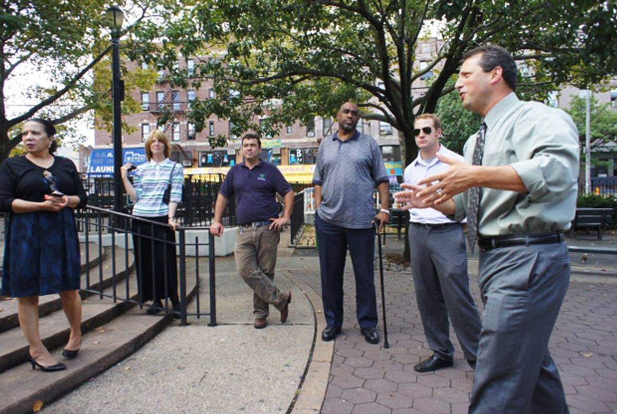 City Council members Brad Lander, right, and Sara González, left, at Brizzi Playground in Boro Park, August 27, 2012.(Alexander Rapaport for Friends of Brizzi Playground)