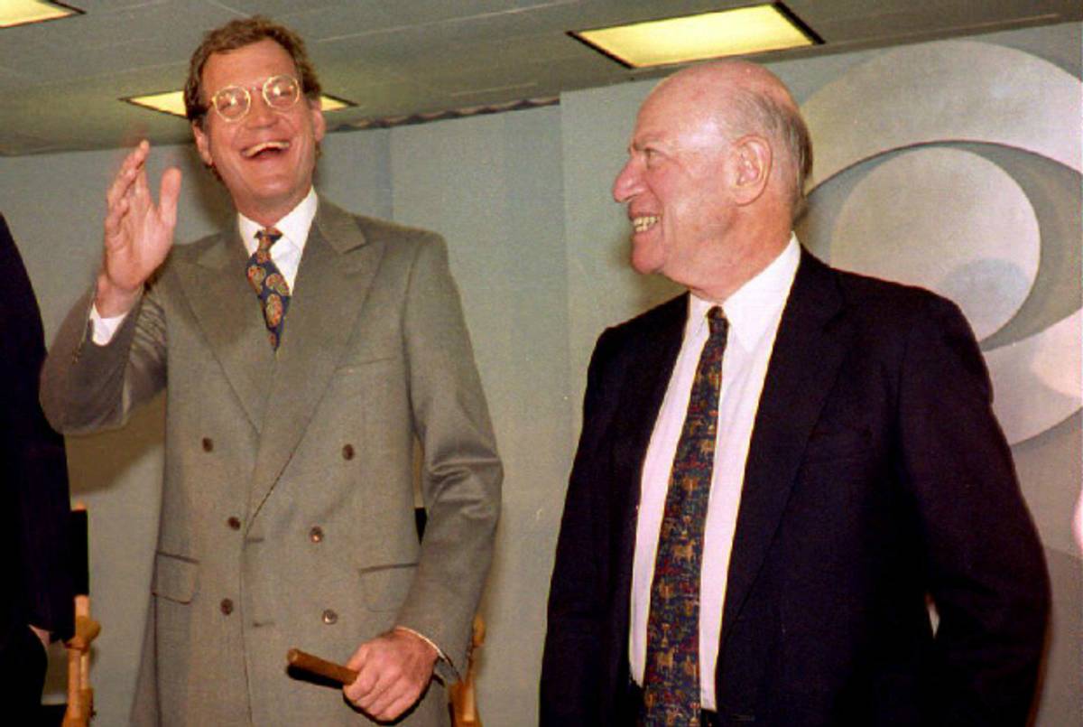David Letterman (L) after confirming his move to the CBS from NBC, 14 January, 1993. (CBS/AFP/Getty Images)