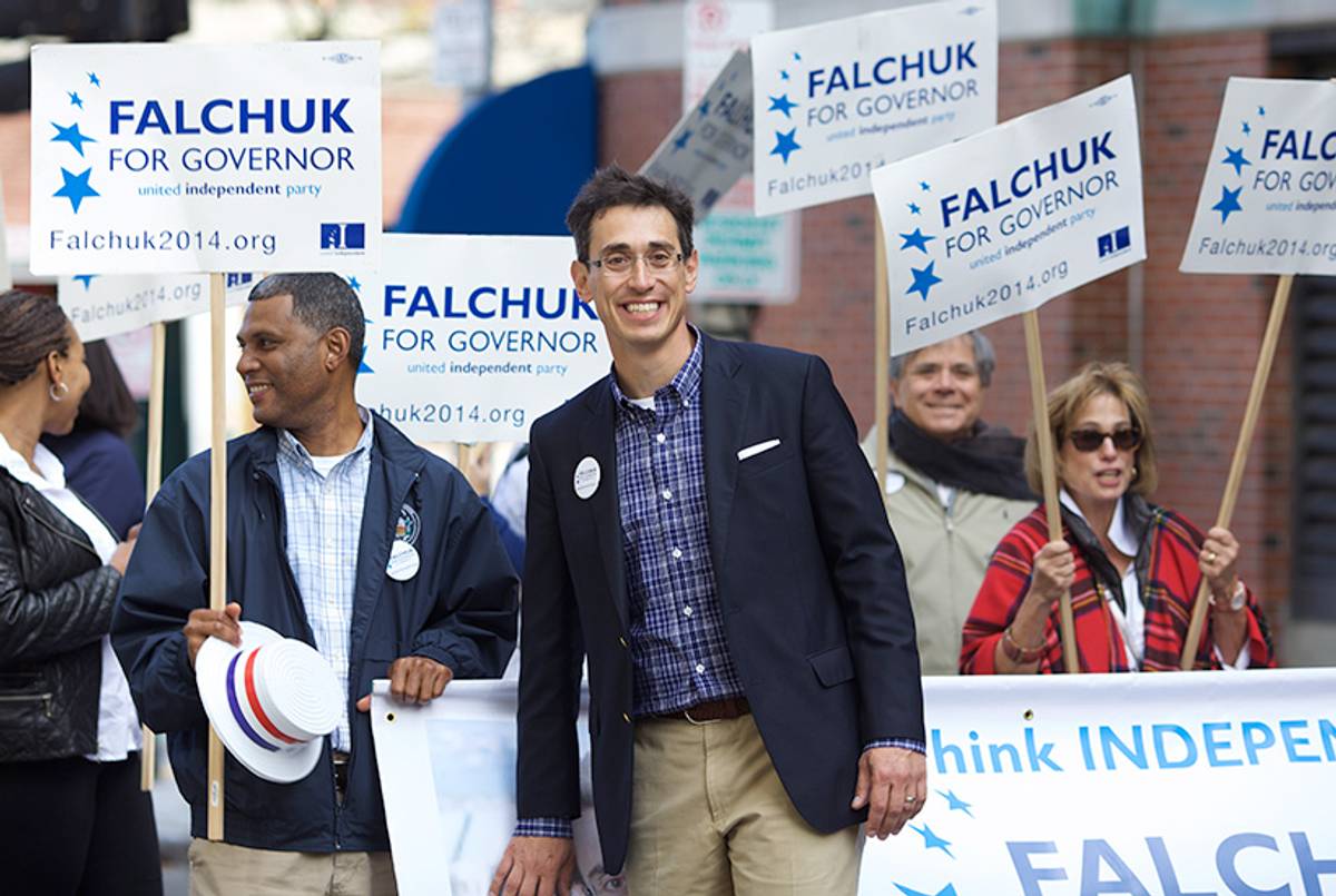 Evan Falchuk marches in North End Boston's Columbus Day 2013 parade with a team of campaign supporters, including his mother, Nancy Falchuk, on the right.(Courtesy of the Falchuk Campaign)