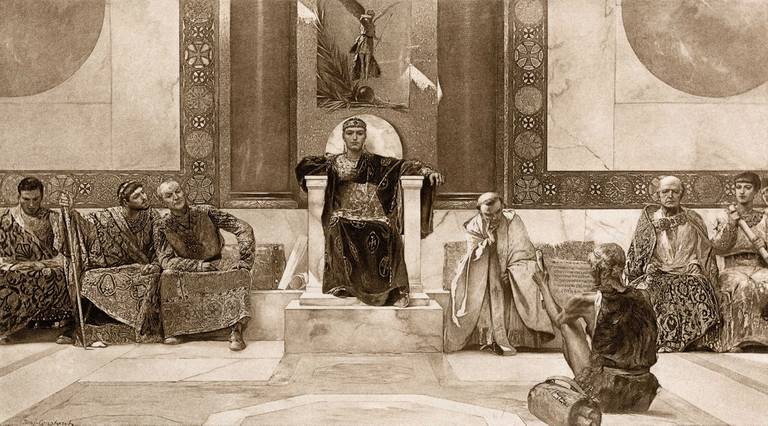 An 1894 engraving of Roman Emperor Justinian the Great and his council in the sixth century CE