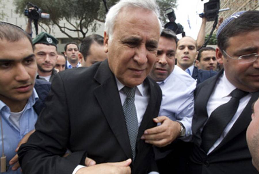 Former President Moshe Katsav leaves the court today.(Jack Guez/AFP/Getty Images)