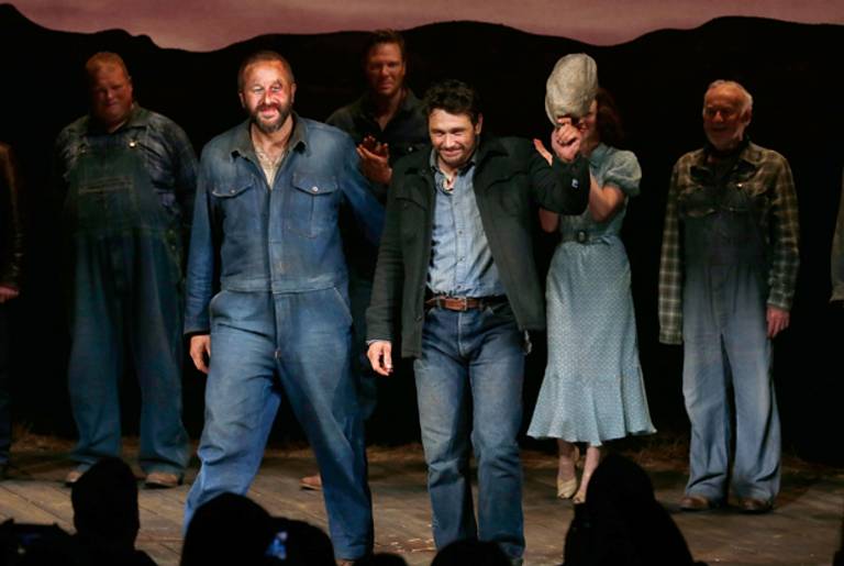 Chris O'Dowd and James Franco take a bow during the first curtain call for Broadway's 'Of Mice And Men' at Longacre Theatre on March 19, 2014 in New York City. (Jemal Countess/Getty Images)