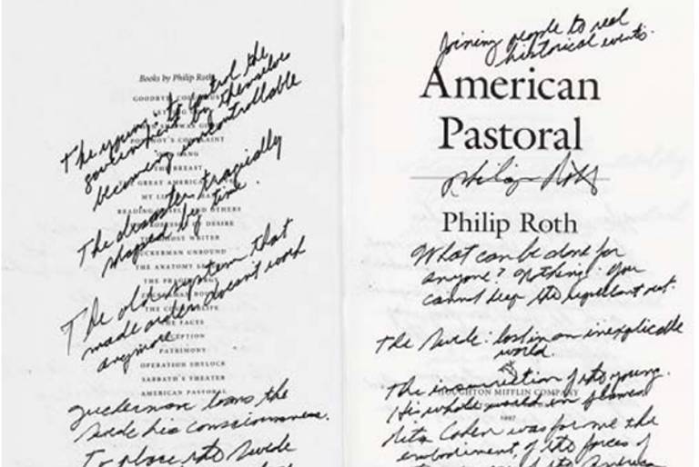 Philip Roth's annotated first-edition of 'American Pastoral.' (Pen American Center)