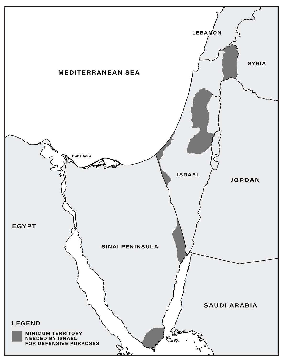 Map from a June 29, 1967, U.S. Joint Chiefs of Staff Memorandum for the secretary of defense (JCSM-373-67) showing 'minimum territory needed by Israel for defensive purposes'