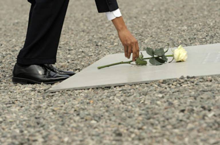 President Obama lays a wreath at a memorial near Buchenwald today.(Getty Images)