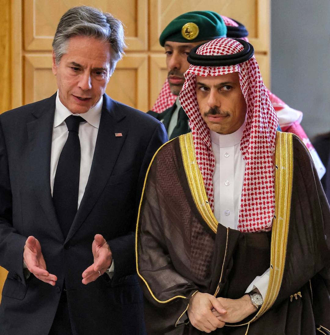 U.S. Secretary of State Antony Blinken and Saudi Arabia's Foreign Minister Prince Faisal bin Farhan arrive for a Joint Ministerial Meeting of the GCC-U.S. Strategic Partnership in Riyadh on April 29, 2024