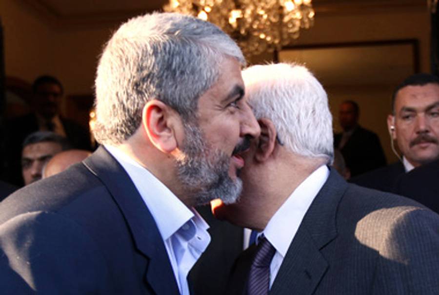 Khaled Meshal (L) and Mahmoud Abbas (R) last month.(Mohammed al-Hams/Khaled Meshaal's Office of Media via Getty Images)