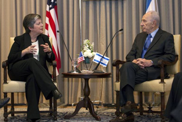 Napolitano and Israeli President Shimon Peres Monday.(Menahem Kahana/AFP/Getty Images)