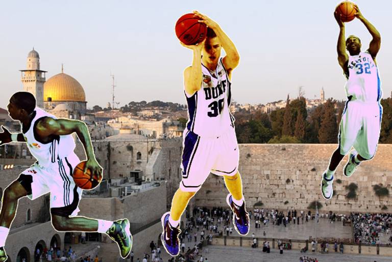 Left to right: Ramel Bradley, Jon Scheyer, and Joe Crawford.(Photoillustration Tablet Magazine; original photo of Jerusalem Shutterstock.com; original basketball photos (left to right) Jeff Pachoud/AFP/Getty Images, Kevin C. Cox/Getty Images, and Andy Lyons/Getty Images.)