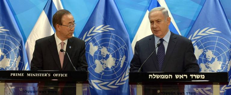 In this handout image supplied by the Israeli Government Press Office (GPO), Israeli Prime Minister Benjamin Netanyahu (R) speaks next to UN Secretary General Ban Ki-moon as they deliver joint statements in Jerusalem, Israel, June 28, 2016. 
