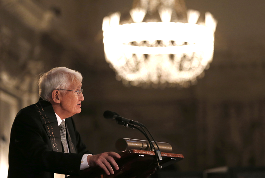 German philosopher Jurgen Habermas delivers a speech after being awarded the Erasmus Prize at the Royal Palace in Amsterdam on Nov. 6, 2013