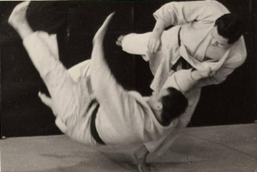 Moshe Feldenkrais, at left, being thrown in an undated photo of a judo demonstration.(Courtesy of the International Feldenkrais Foundation Archives)