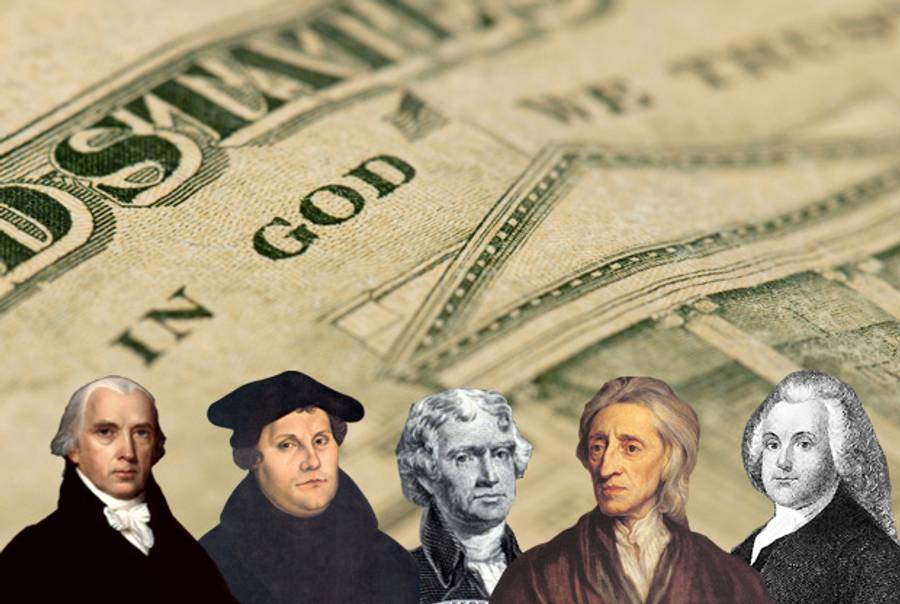 Left to right: James Madison, Martin Luther, Thomas Jefferson, John Locke, and Roger Williams.(Photoillustration Tablet Magazine; original photos Shutterstock and Wikimedia Commons)
