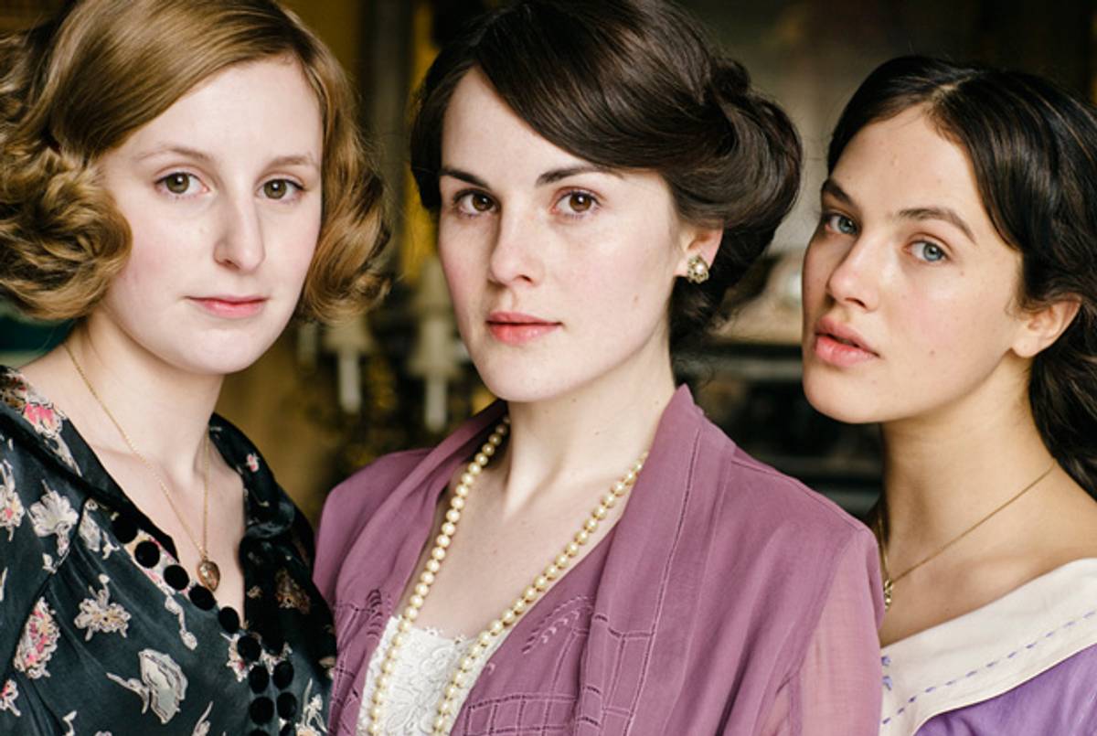 Downton Abbey’s Crawley sisters, played by Laura Carmichael, Michelle Dockery, and Jessica Brown-Findlay.(Courtesy of Masterpiece)