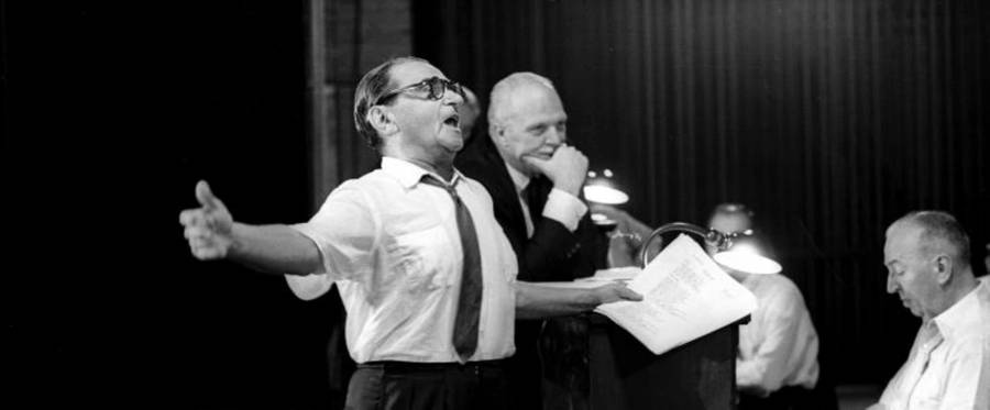 Irving Berlin (L) and Joshua Logan during rehearsal for the stage production, 'Mr. President.'