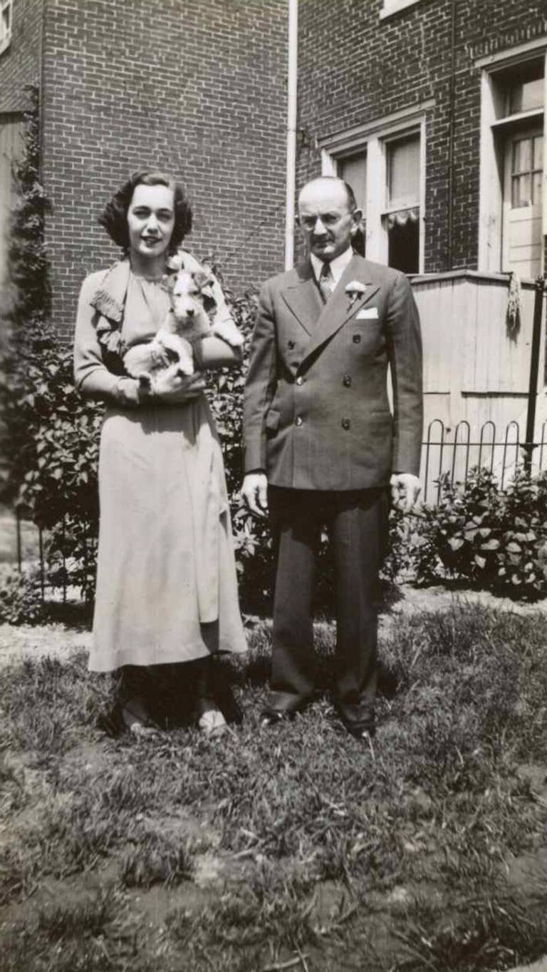 Paula Wohlfeld and her father, Joseph, in front of the family’s row house at 4546 North 12th Street in Logan