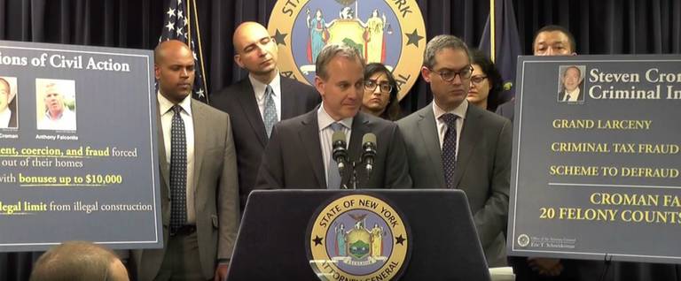 Attorney General Eric T. Schneiderman at a press conference announcing Steven Croman's surrender on felony charges, May 9, 2016. 