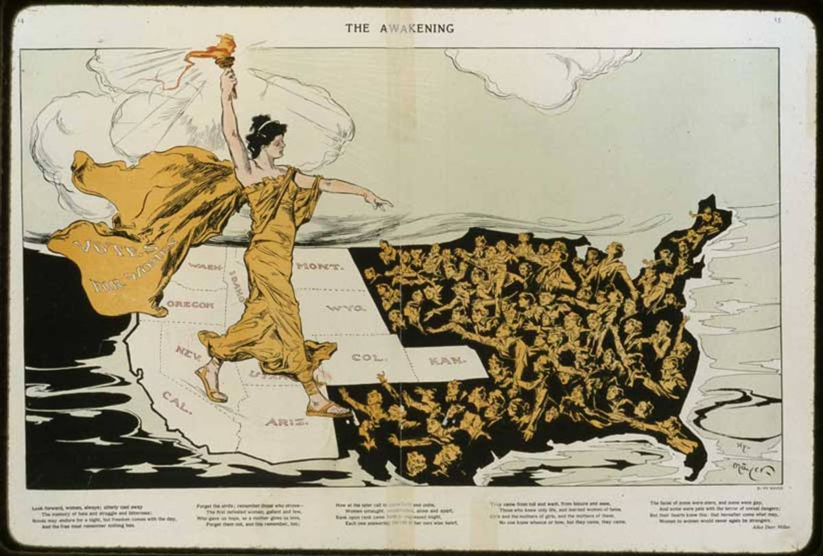 ‘The Awakening’ by Henry Mayer, from PUCK, map of women’s suffrage in the United States as of February 1915. (Library of Congress)