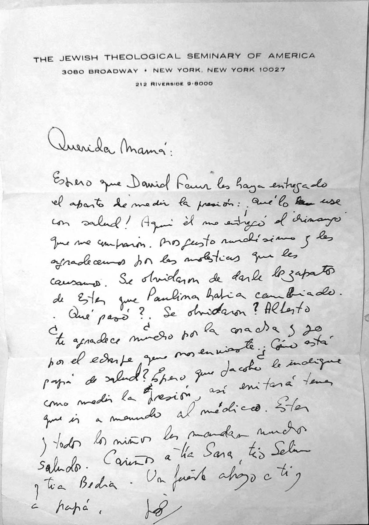 Letter from Hakham Faur to his mother in Buenos Aires