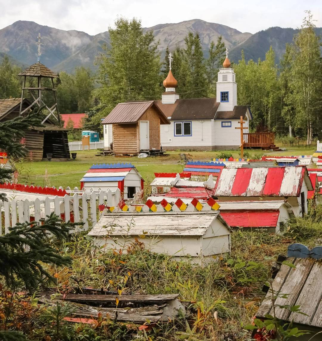 The cemetery at Old St. Nicholas Church in Eklutna. The grave markers, known as spirit houses, are meant to provide a site for the deceased to retrace the steps of their life before they can pass on to eternity.