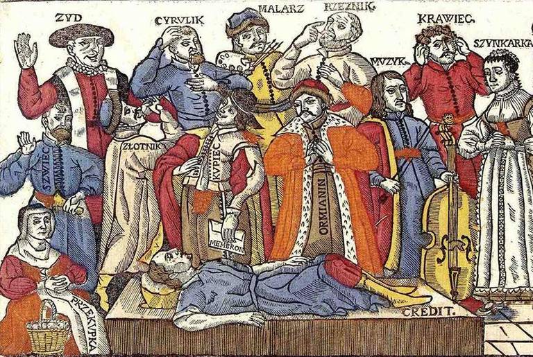 Seventeenth-century woodcut showing various members of Polish-Lithuanian Commonwealth society, including, top left, the Jew.