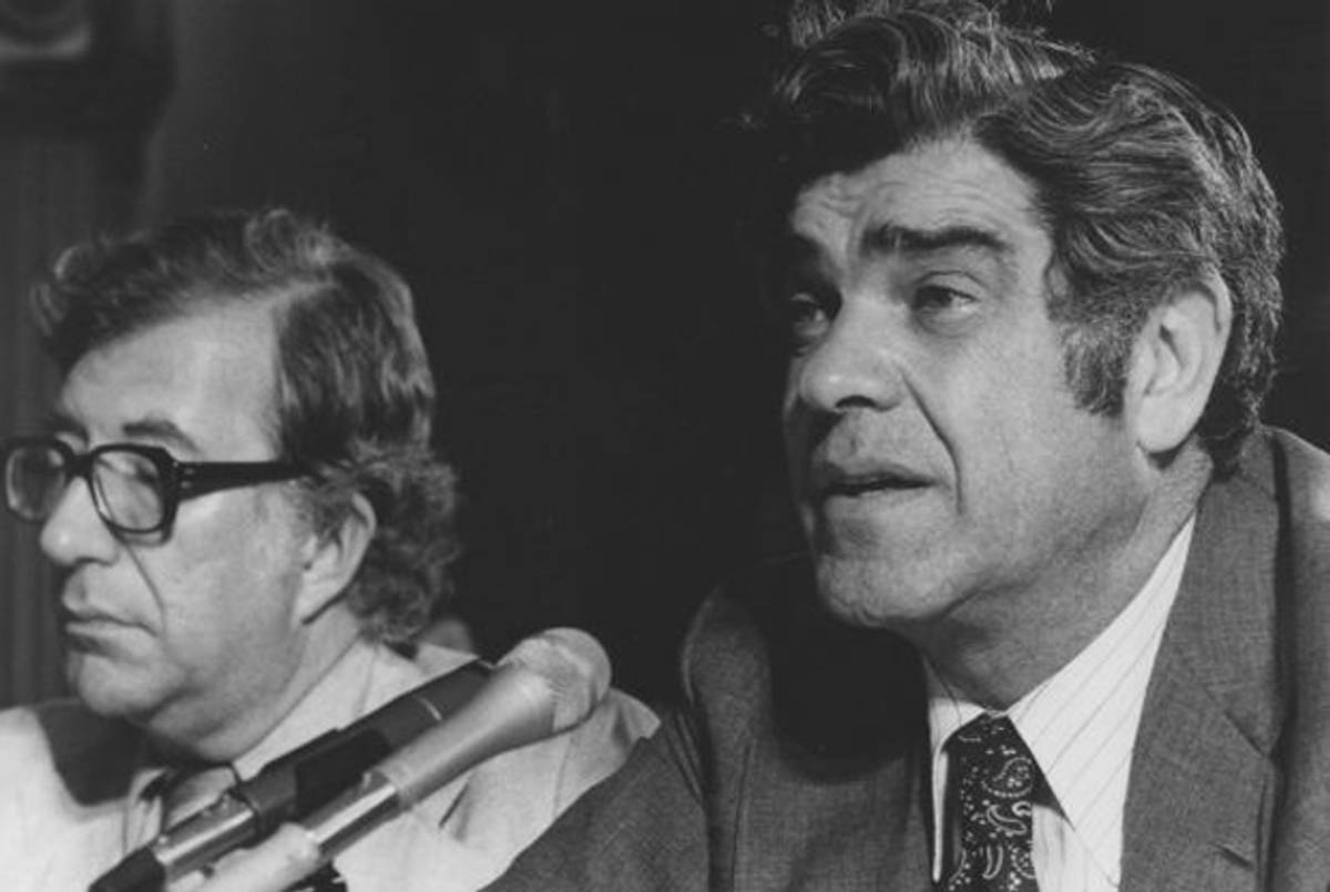 Victor Gotbaum, President of AFSCME district 37 and Albert Shanker, president of the United Federation of Teachers, testifying about the New York City fiscal crisis. (Walter P. Reuther Library)