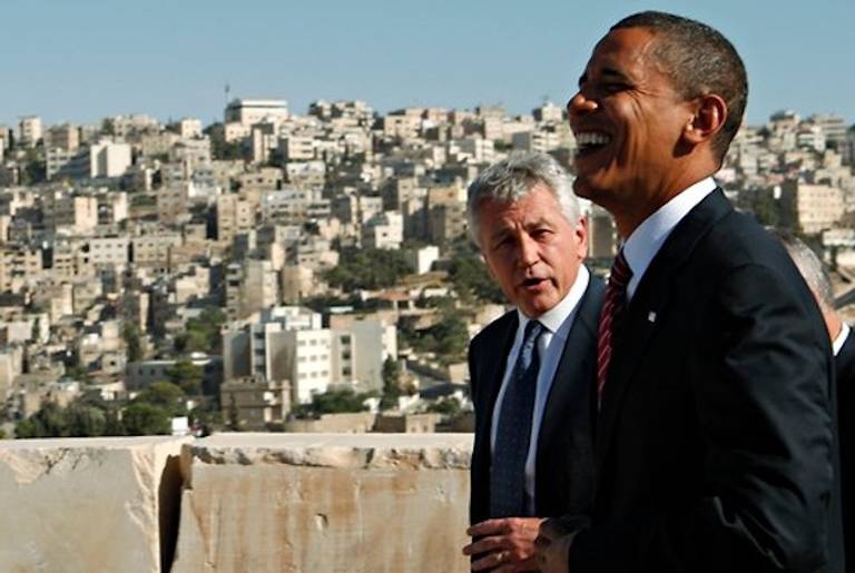 Then-Senators Barack Obama and Chuck Hagel in Israel in 2008 (Reuters)